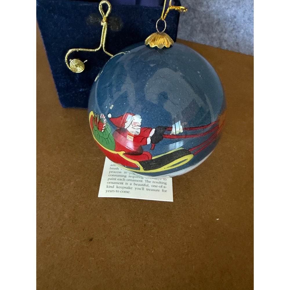Pier 1 Li Bien 1999 Santa Sleigh Reindeer Hand Painted Glass Ornament with Box